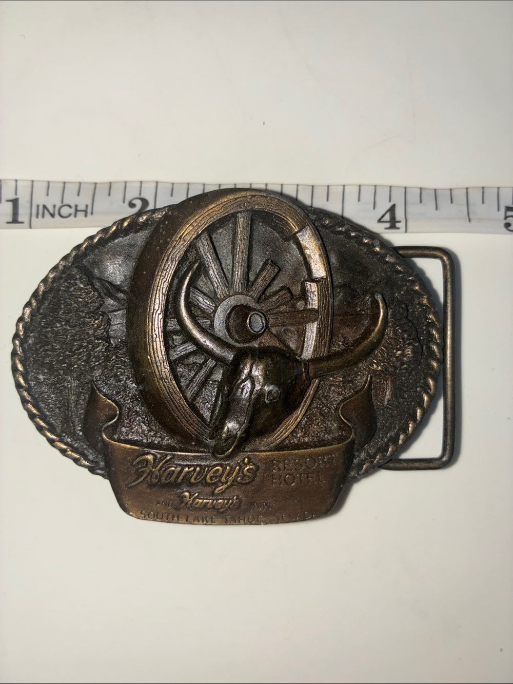 Harvey's Resort Hotel Brass Western Steer Belt Buckle - Bronze Tone